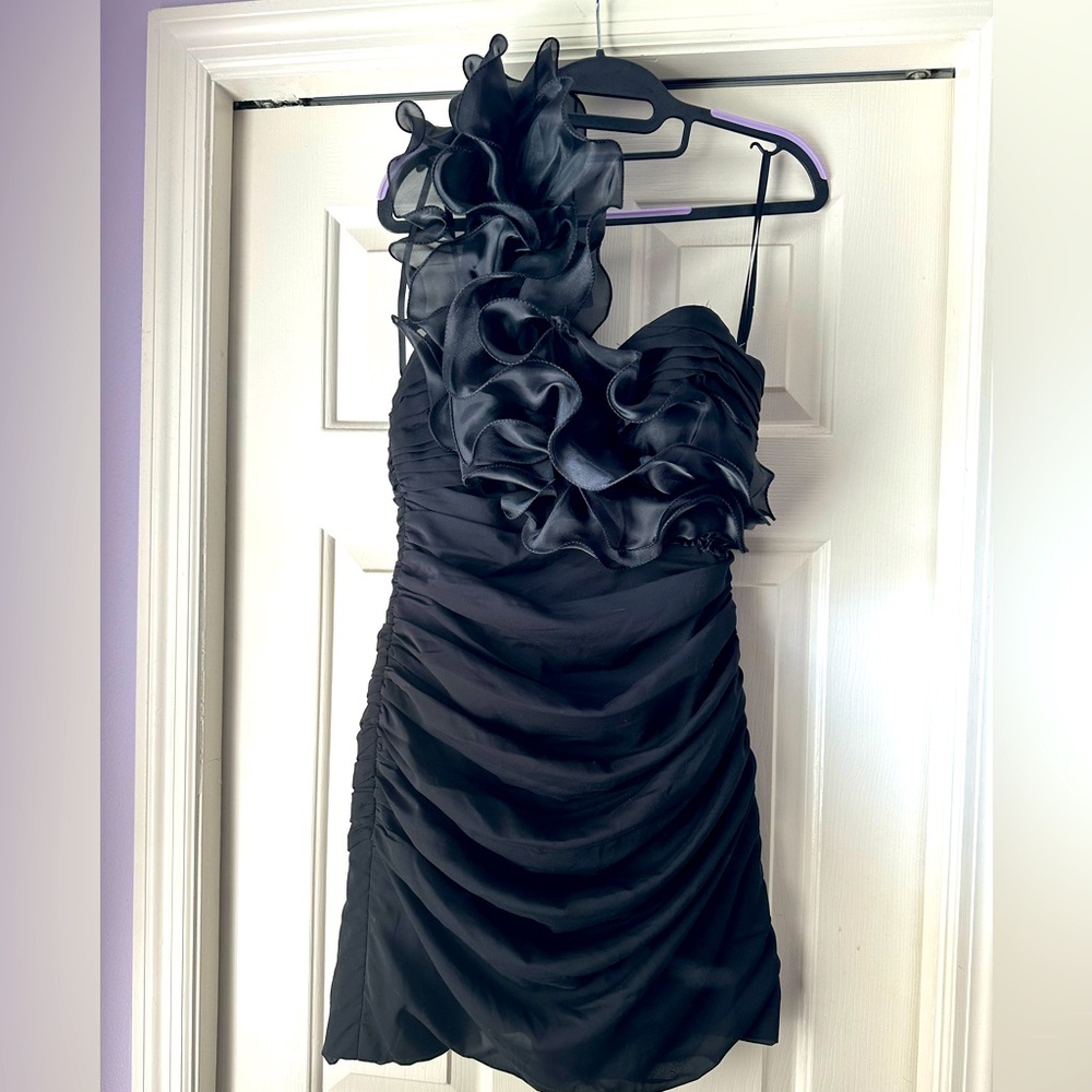 Black one shoulder mini dress with ruffles